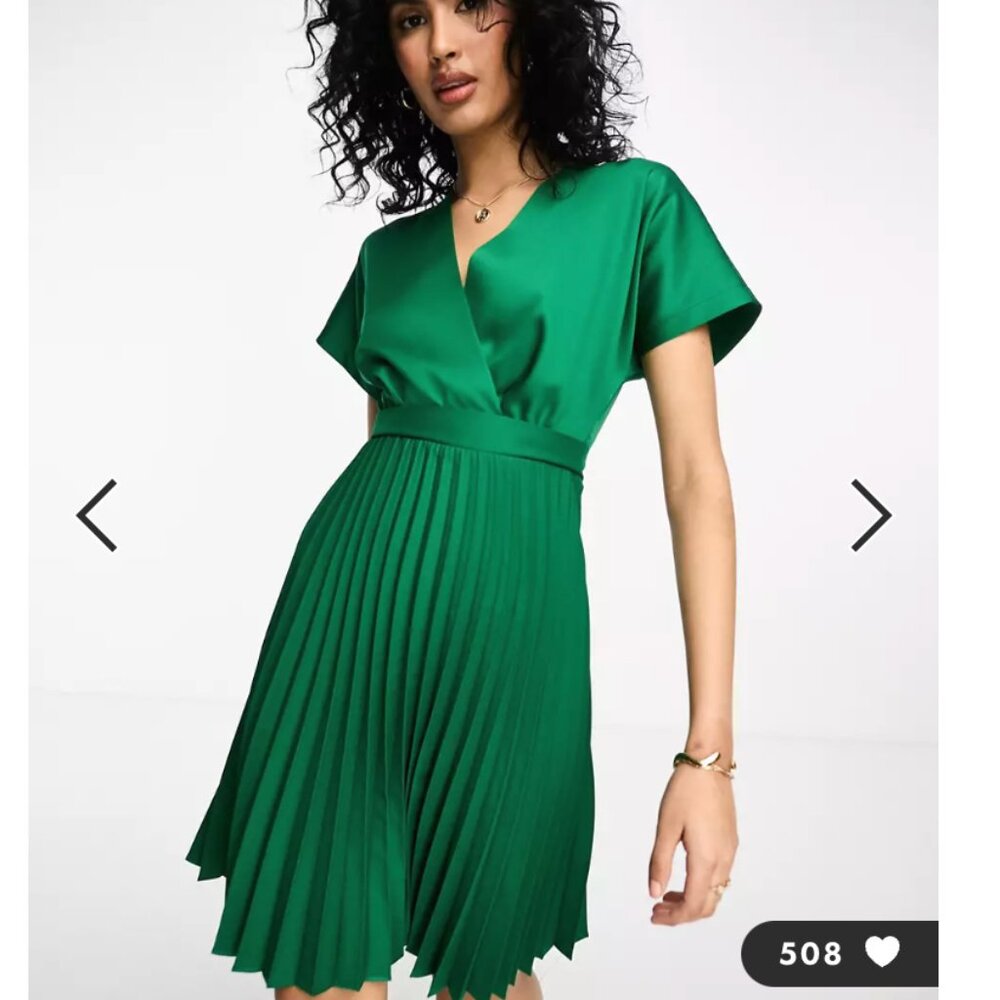 Closet London wrap front pleated midi skater dress in emerald